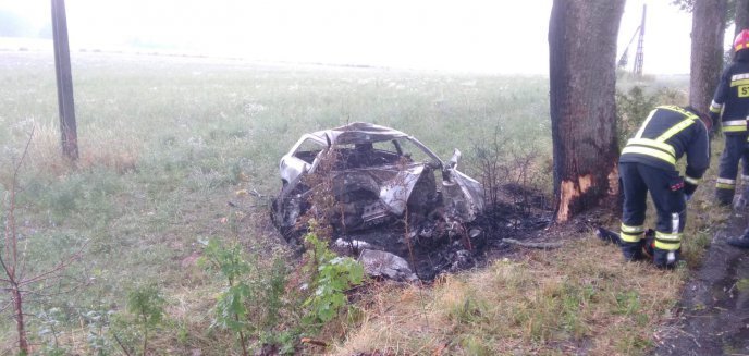 Artykuł: Audi uderzyło w drzewo i spłonęło. Jedna osoba nie żyje