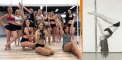 Justyna Karska na zdjęciu po prawej, a także w środku wraz z innymi uczestnikami zajęć pole dance