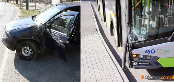 Kolizja na ul. Żołnierskiej w Olsztynie. 70-letni kierowca dacii zderzył się z autobusem [ZDJĘCIA]