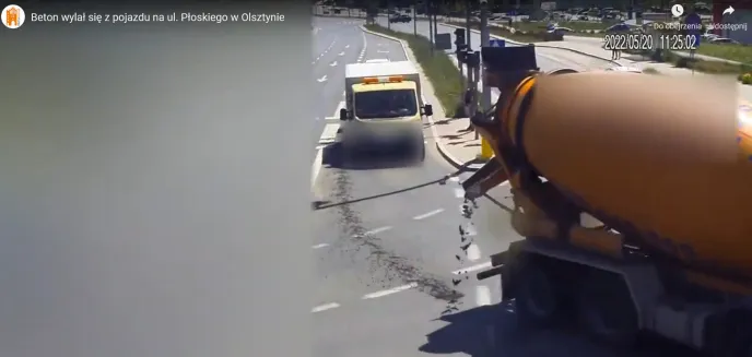 Z betoniarki wylewał się beton na ul. Płoskiego w Olsztynie [WIDEO]