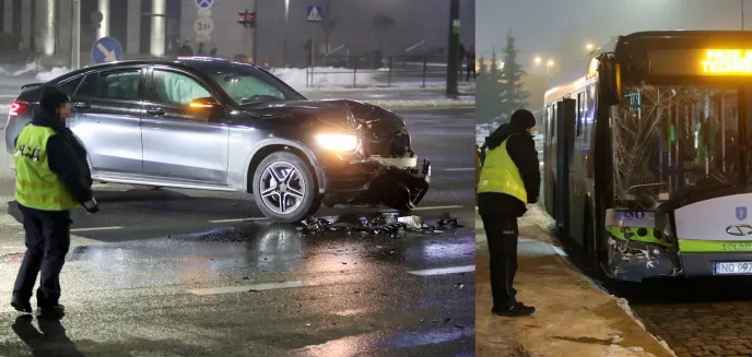 Pod Galerią Warmińską kierująca mercedesem zderzyła się z autobusem komunikacji miejskiej [ZDJĘCIA, WIDEO]