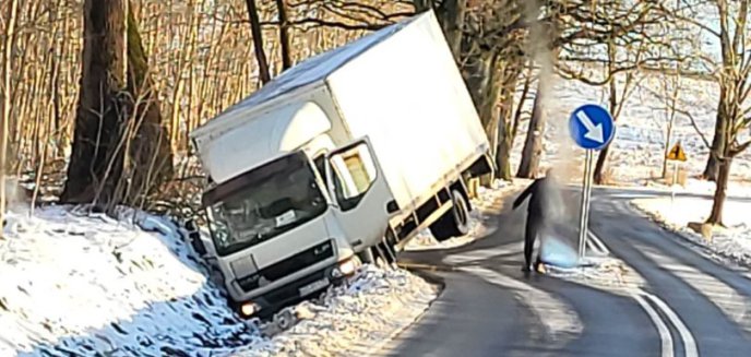 Kolizja pod Olsztynem. 35-letni kierowca pojazdu ciężarowego podróż zakończył w rowie