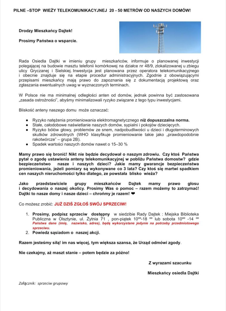 Dajtki. Mieszkańcy boją się promieniowania i nie chcą masztu. "Foliarze"