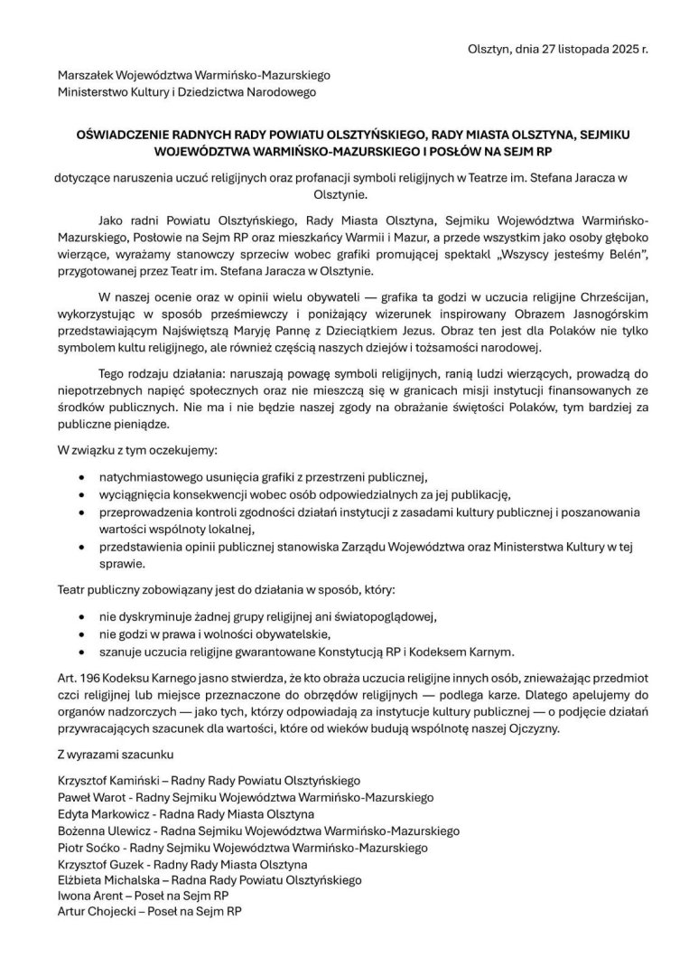 „Wszyscy jesteśmy Belén” trafiło ze sceny Teatru im. Stefana Jaracza w Olsztynie na scenę polityczną?