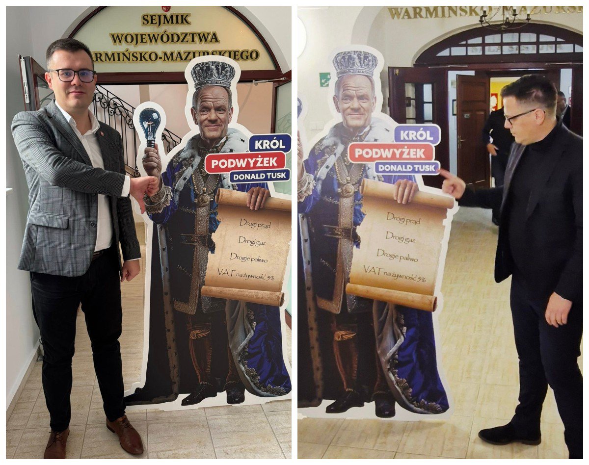 Radni PiS z Warmii i Mazur pozowali przy kartonowym Donaldzie Tusku. "Król biedy"