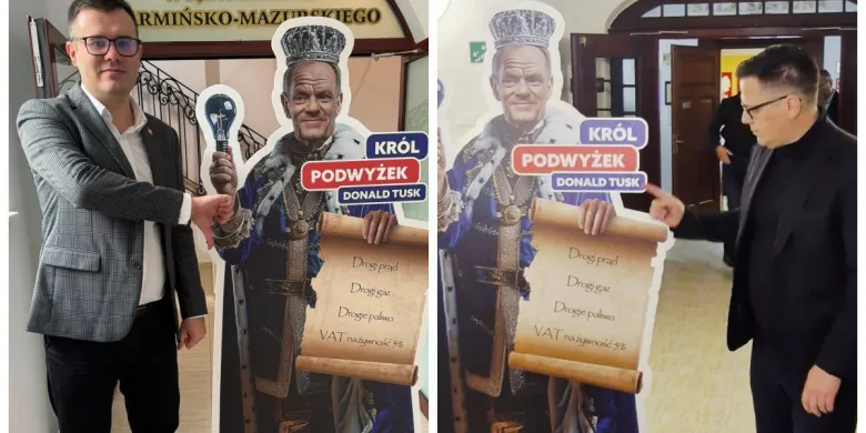 Radni PiS z Warmii i Mazur pozowali z kartonowym Donaldem Tuskiem. "Król biedy"