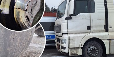 Artykuł: Gmina Olsztynek. Tego zestawu nie powinno być na drodze! Opony łyse, hamulce popękane, kierowca bez przerw