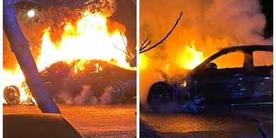 Kromerowo. Strażacy walczyli z pożarem Mercedesa pod znanym hotelem [ZDJĘCIA]