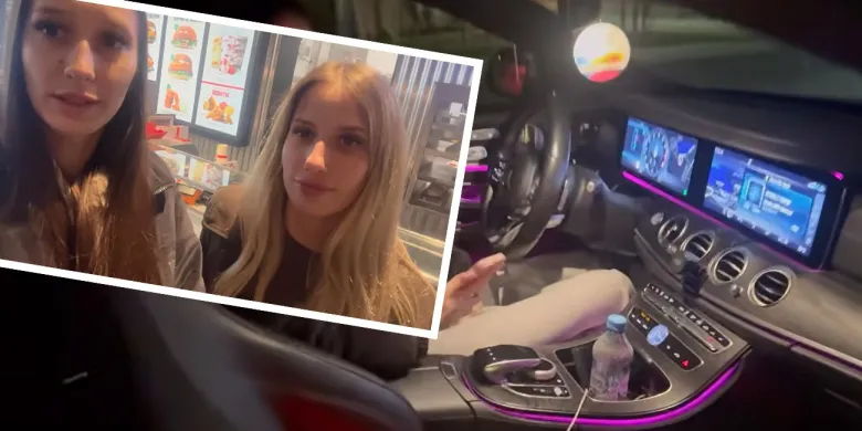 "Wywiad" z policją i 107 km/h na liczniku. Atrakcyjne youtuberki w Mercedesie pokazują Olsztyn nocą [WIDEO]