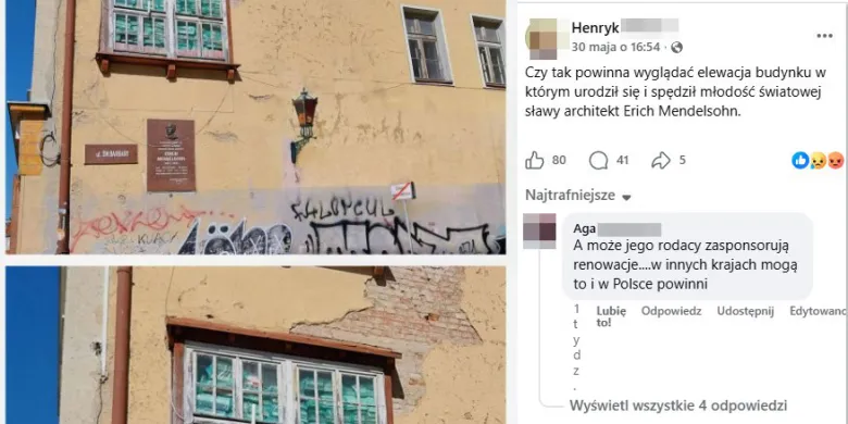 Olsztyn. Budynek upamiętniający Ericha Mendelsohna wymaga remontu. Kto powinien się tym zająć?