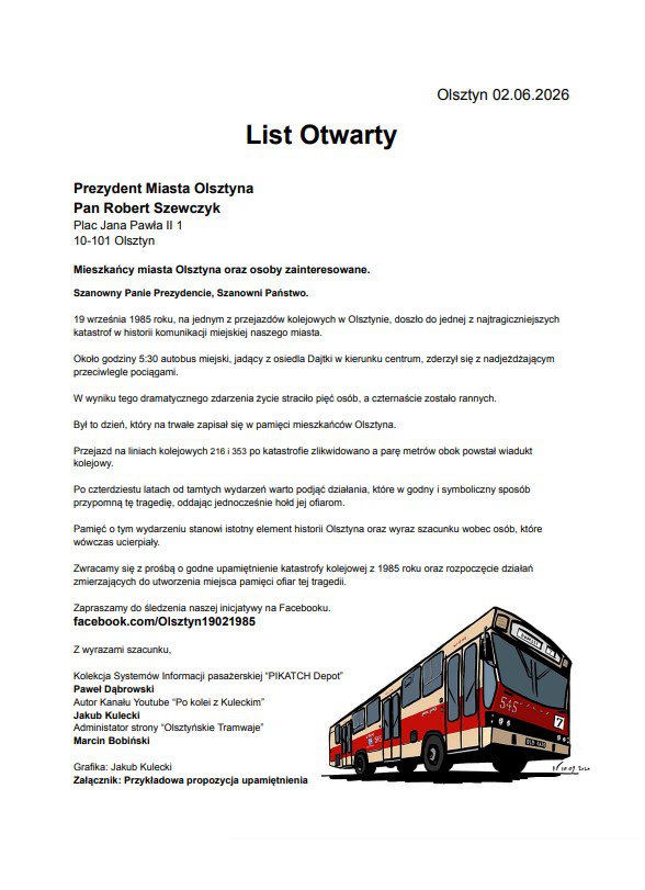 Ofiary katastrofy komunikacyjnej z 1985 roku doczekają się upamiętnienia? Jest list otwarty do władz Olsztyna