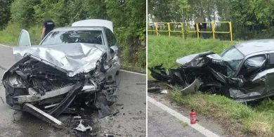 Czołowe zderzenie 24-latka z 23-latkiem w Tomaszkowie pod Olsztynem. Dwie osoby ciężko ranne [ZDJĘCIA]
