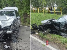 Czołowe zderzenie 24-latka z 23-latkiem w Tomaszkowie pod Olsztynem. Dwie osoby ciężko ranne [ZDJĘCIA]