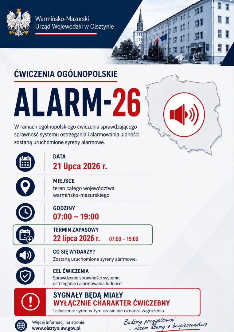 "Alarm-26". Ćwiczenia systemu alarmowego już jutro