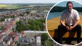 W tle Olecko z lotu ptaka. Po prawej burmistrz Olecka, Karol Sobczak