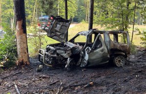 Dramatyczny wypadek w powiecie ostródzkim. Auto stanęło w płomieniach po uderzeniu w drzewo. Nie żyje 36-letni kierowca