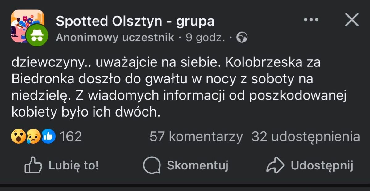 "Gwałt na ul. Kołobrzeskiej w Olsztynie". Wiemy, jak było naprawdę