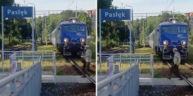 Artykuł: Przechodzień bez wyobraźni w Pasłęku. Mężczyzna uznał, że zdąży i wtargnął przed rozpędzony pociąg [WIDEO]