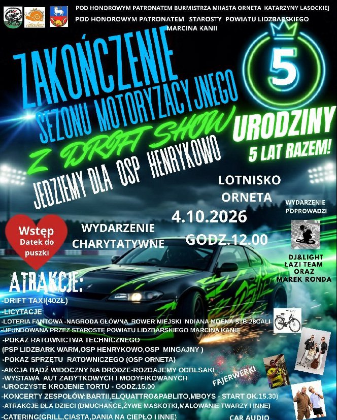 Gm. Orneta. „Jedziemy dla OSP Henrykowo – Drift Show” odbędzie się już 4 października